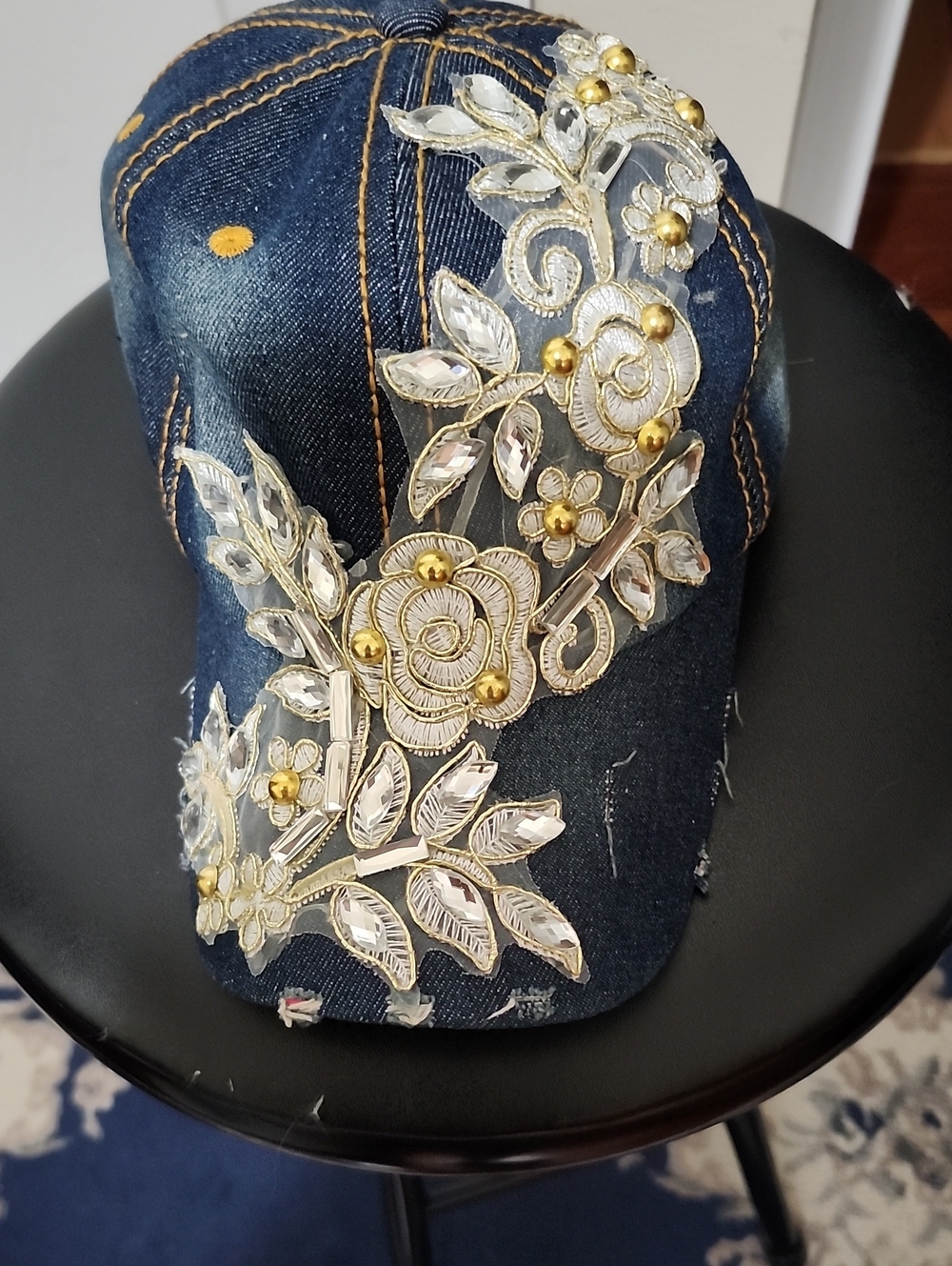Embellished Denim Baseball Cap with Gold Accents